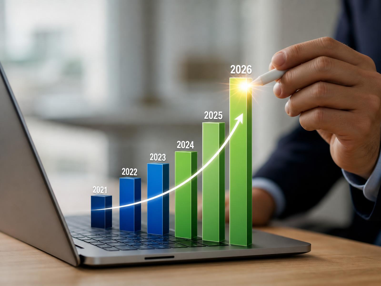 A healthcare market growth chart rising year on year through 2026